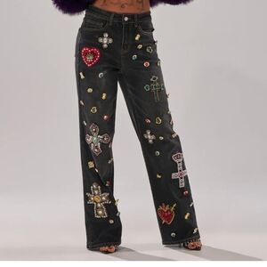 AKIRA Black Wide-Leg Jeweled Embellished Jeans